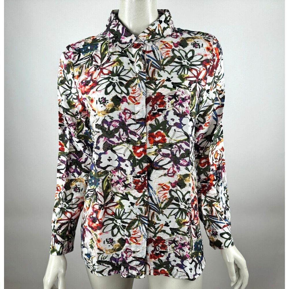 Habitat Floral Blouse Top Women S EUC Long Sleeve Button Up Collared Tunic Shirt